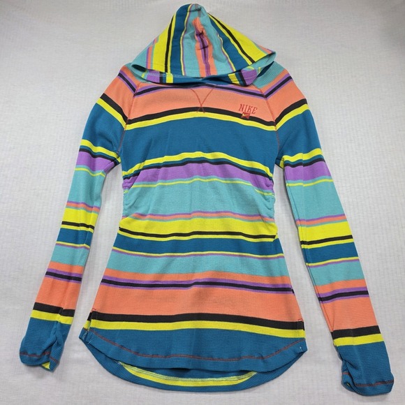 Nike Tops - Nike Multicolor Striped Waffle Knit Ruched Hoodie Long Sleeve Shirt L Skate Y2K